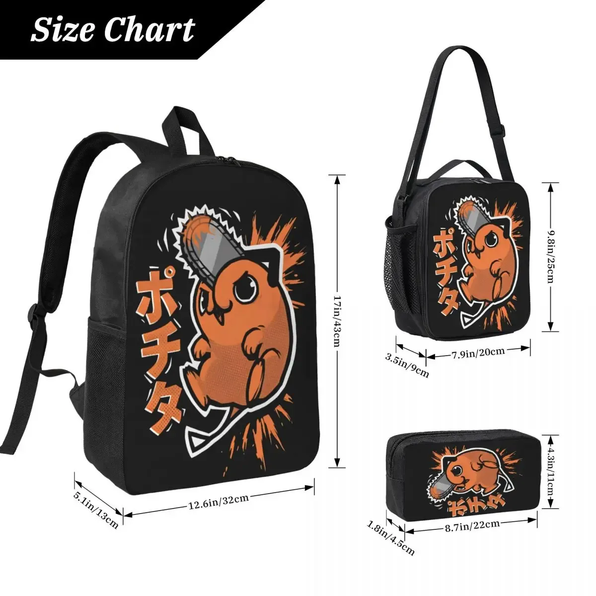 tronçonneuse homme pochita 3pecs/ensemble sac à dos pour étudiant anime dessin animé lycée sac à dos sac à déjeuner trousse à crayons