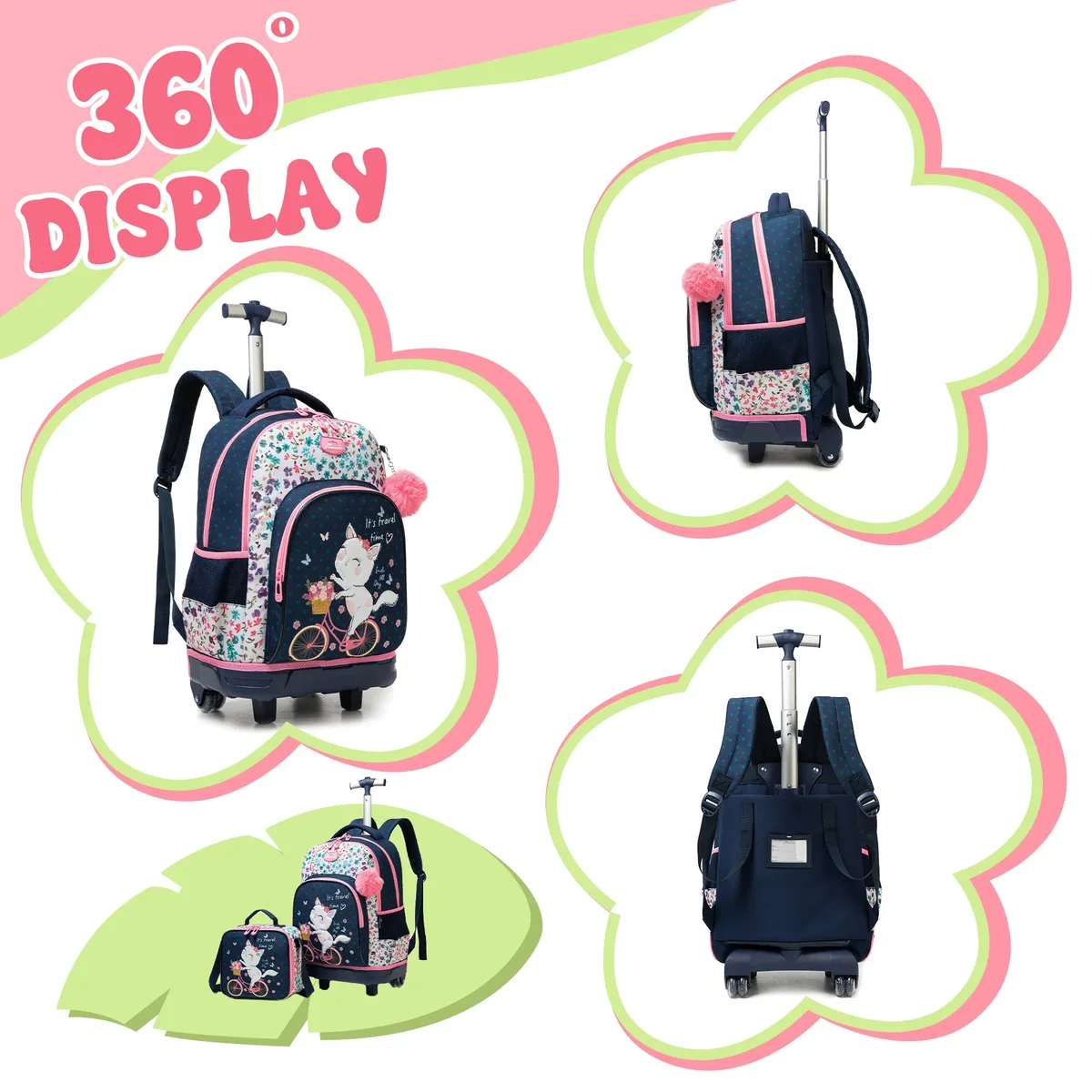 ensemble de 3 sacs à dos roulants élégants pour filles, parfaits pour les filles, avec bagages à roulettes, sac à déjeuner, trousse à crayons pour les voyages scolaires