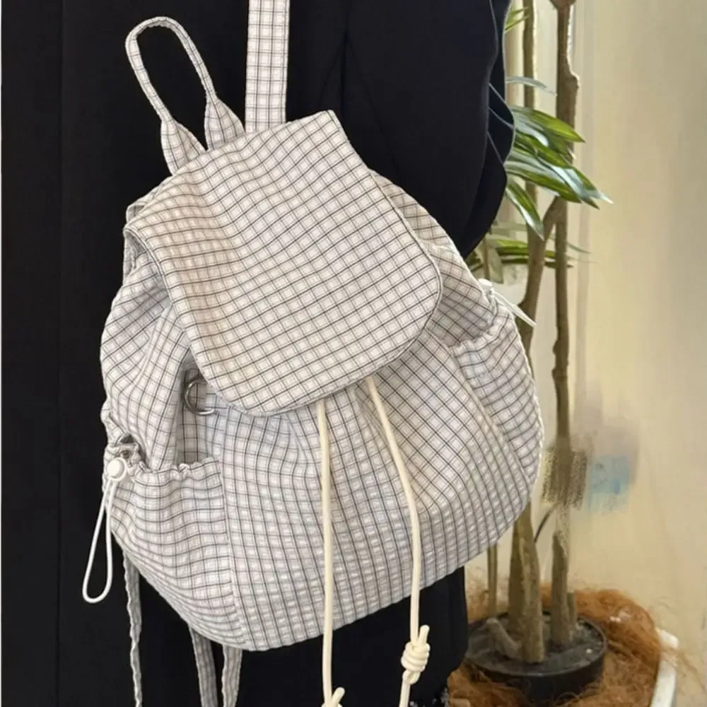 sacs à dos simples de couleur unie avec cordon de serrage, sacs à bandoulière coréens en toile plissée, sacs à dos décontractés légers en nylon à carreaux, unisexe