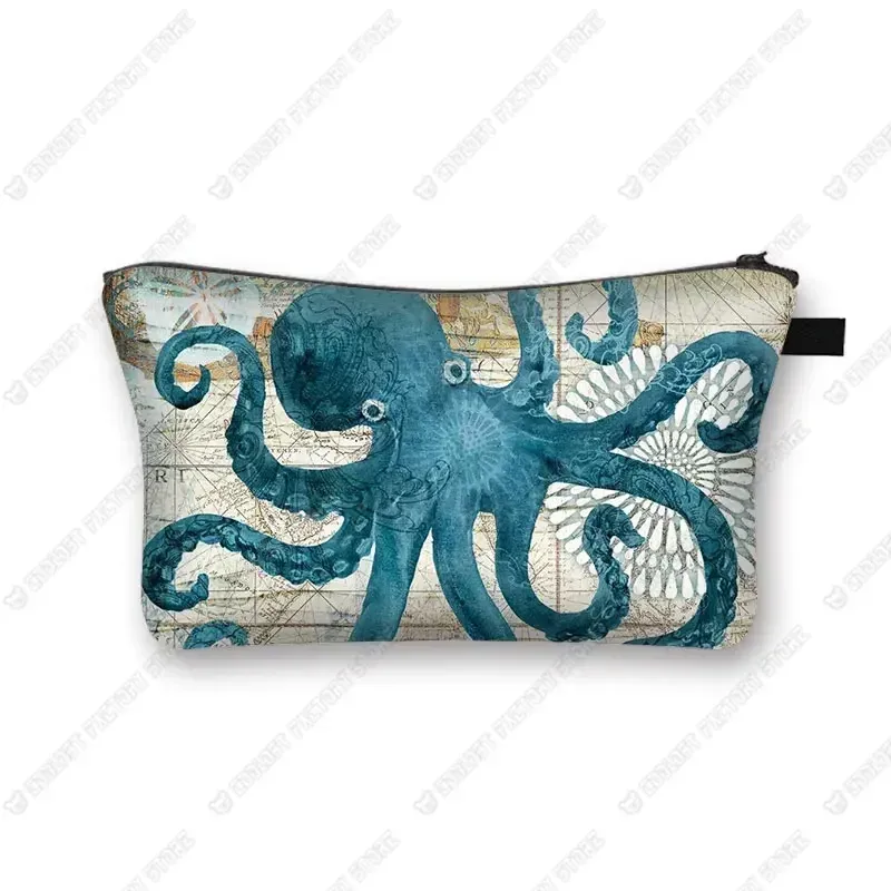 trousse à cosmétiques imprimée poulpe/tortue de mer/hippocampe, trousse de maquillage de voyage pour dames et filles