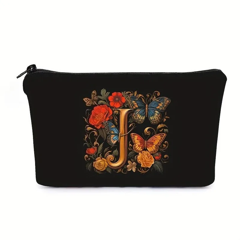 trousse de maquillage noire avec imprimés de 26 lettres de l'alphabet anglais, pochette à cosmétiques, sacs de rangement multifonctionnels