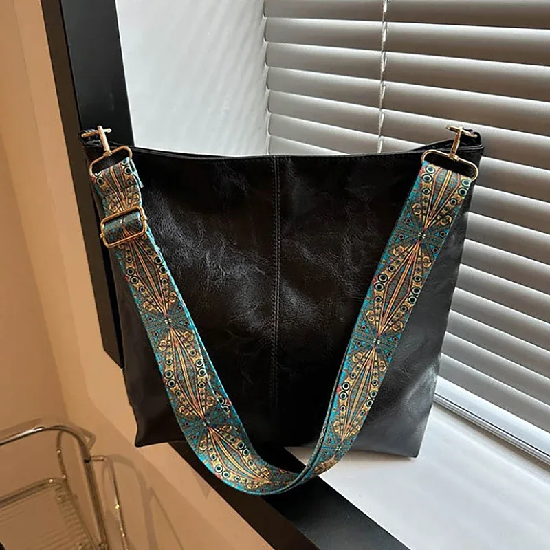 sac à bandoulière vintage couleur unie, sac seau simple à large sangle de grande capacité