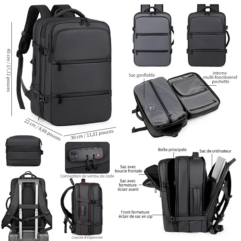 Sac à dos pour homme pour les voyages d'affaires, grande capacité, extensible, sac à dos de voyage multifonctionnel à compression sous vide pour homme