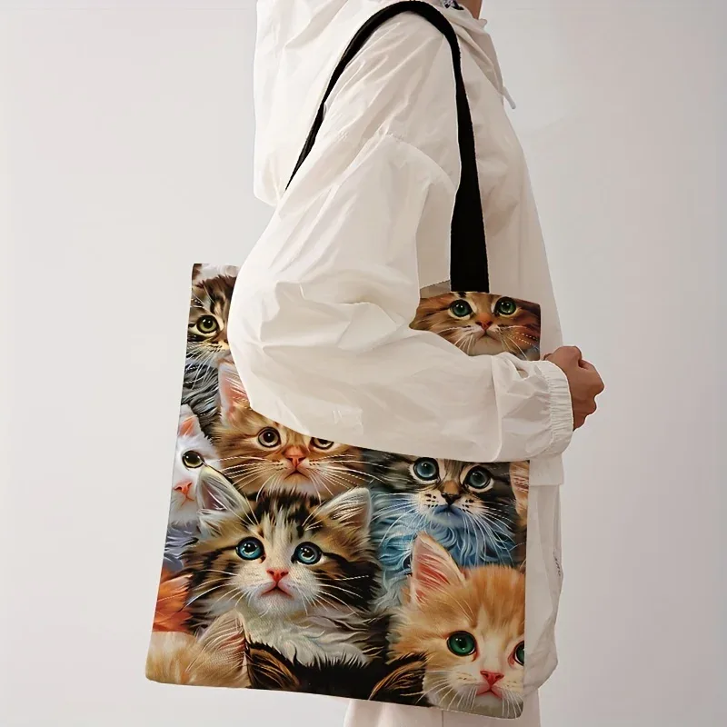 sac à main décontracté imprimé chat, sac à dos réutilisable à la mode, sac à main multifonctionnel, sac de shopping en toile imprimée