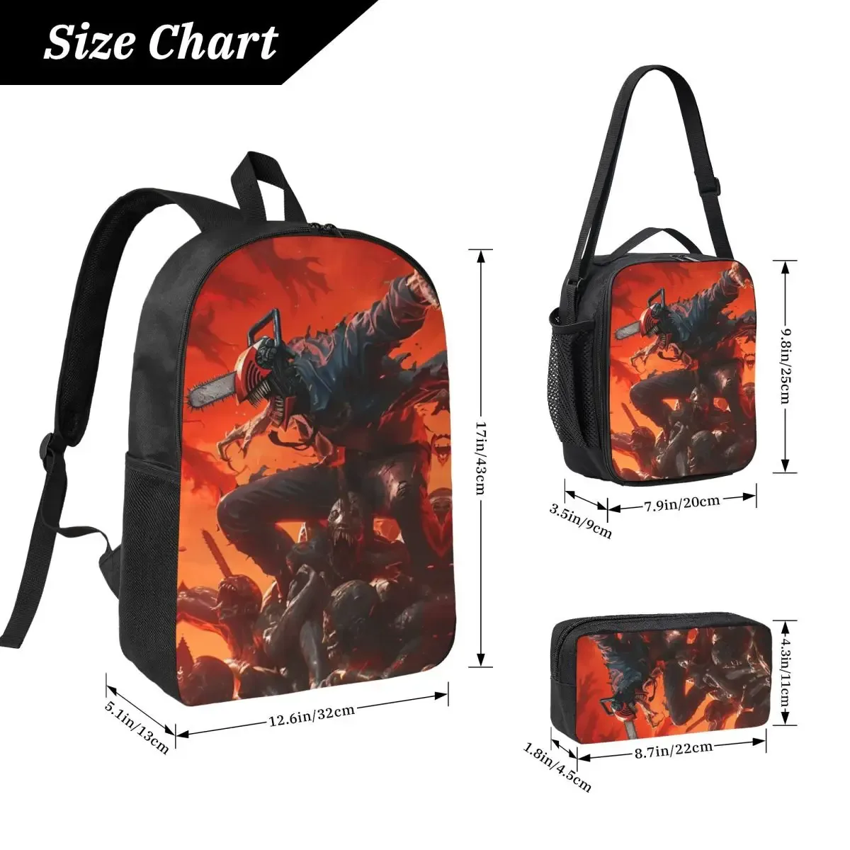 anime tronçonneuse homme 3pecs/ensemble sac à dos pour étudiant ordinateur portable sac à bandoulière sac à déjeuner trousse à crayons