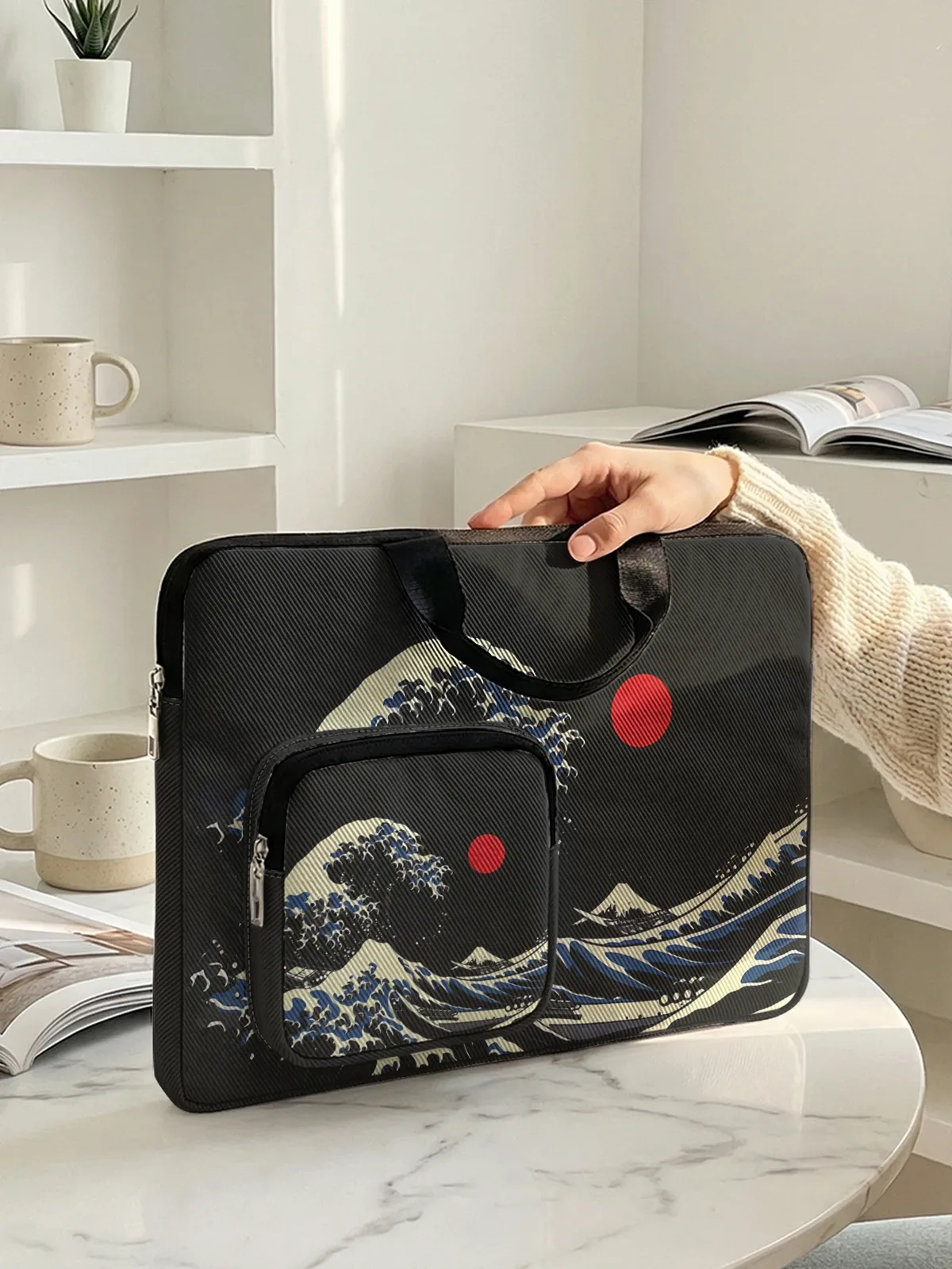 hokusai the great wave sac à main pour ordinateur portable avec poche supplémentaire, étui antichoc pour ordinateurs portables de 13 à 15,6 pouces