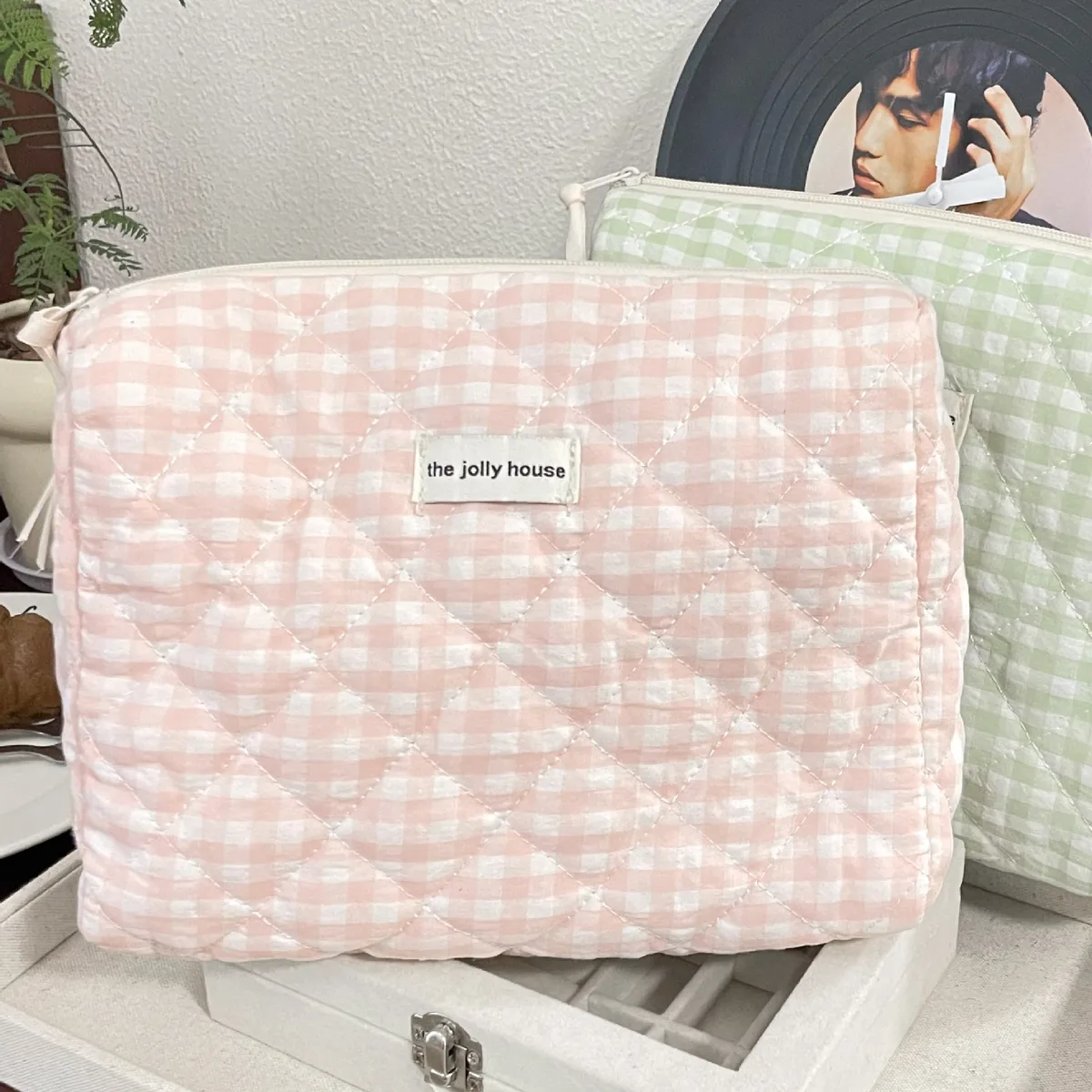sac de rangement de voyage en coton matelassé pour femmes, sacs à cosmétiques rétro cerise, design mignon, trousse à crayons pour filles, trousse de maquillage, sacs à main