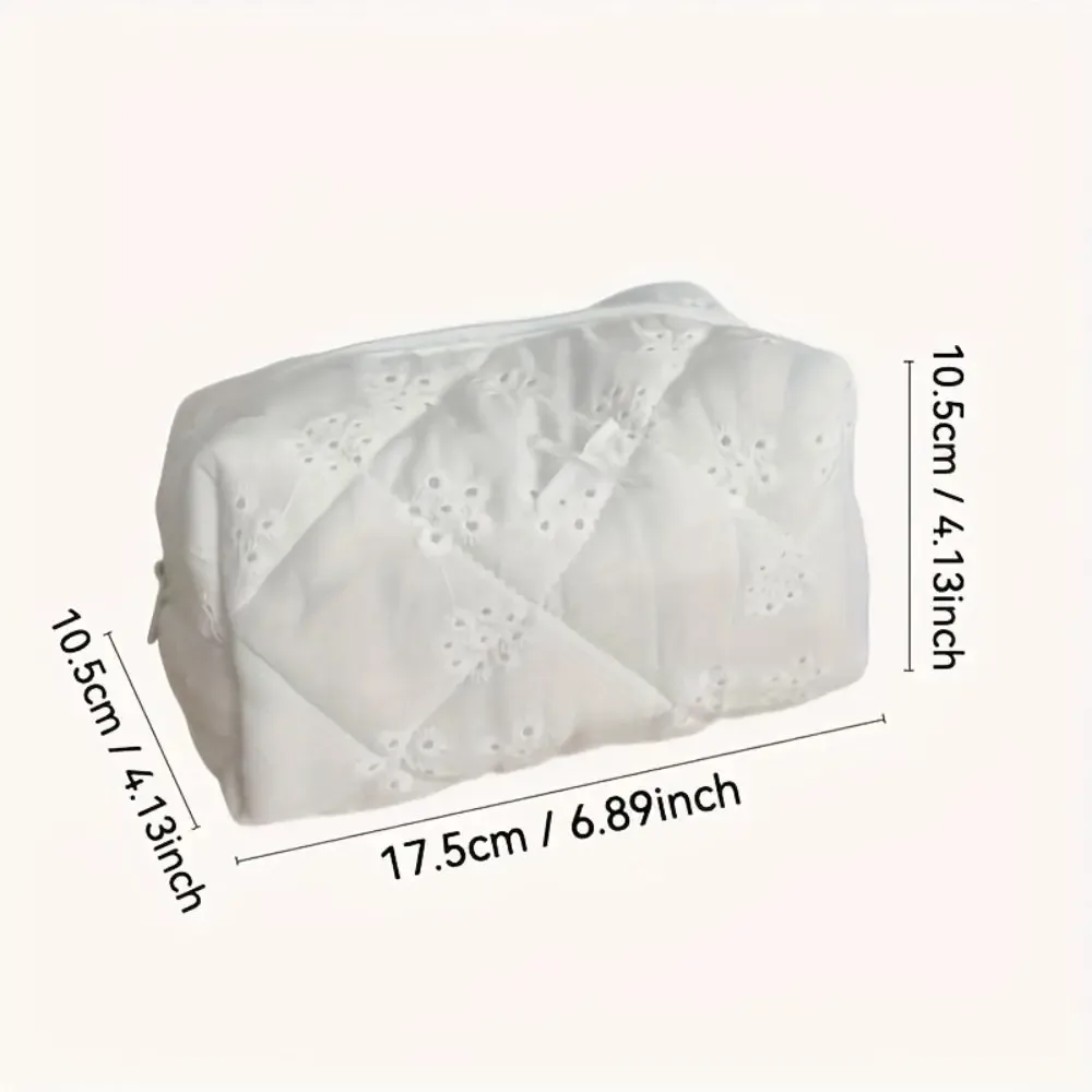 ins – trousse de maquillage matelassée, sac de rangement de voyage en dentelle blanche avec nœud élégant, sac à cosmétiques brodé floral, trousse de toilette de voyage