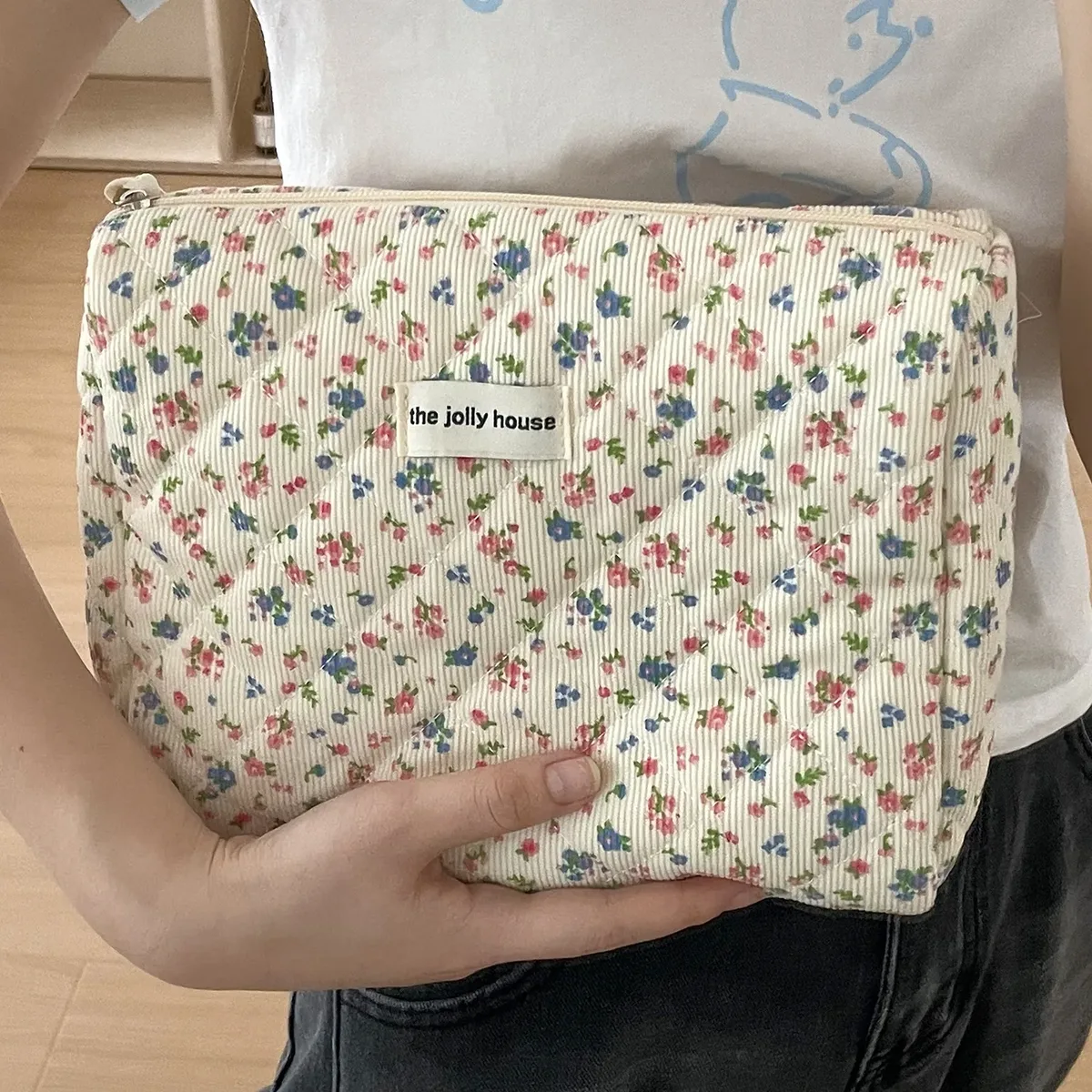 sac de rangement de voyage en coton matelassé pour femmes, sacs à cosmétiques rétro cerise, design mignon, trousse à crayons pour filles, trousse de maquillage, sacs à main