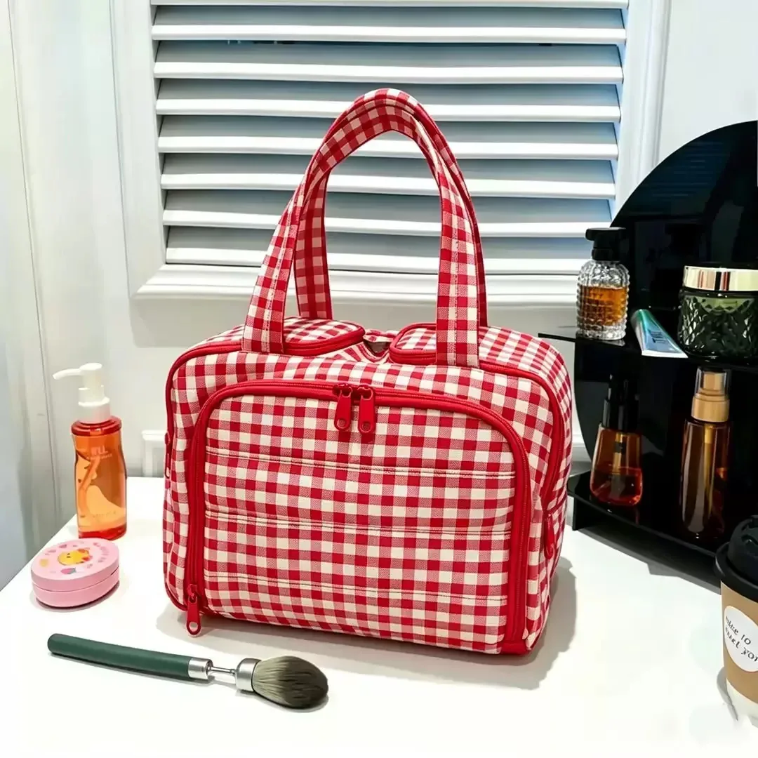 grande trousse de maquillage de voyage 180 °   organisateur de toilette à large ouverture, trousse à cosmétiques rembourrée résistante à l'eau avec poignée pour bouteilles pleines grand format