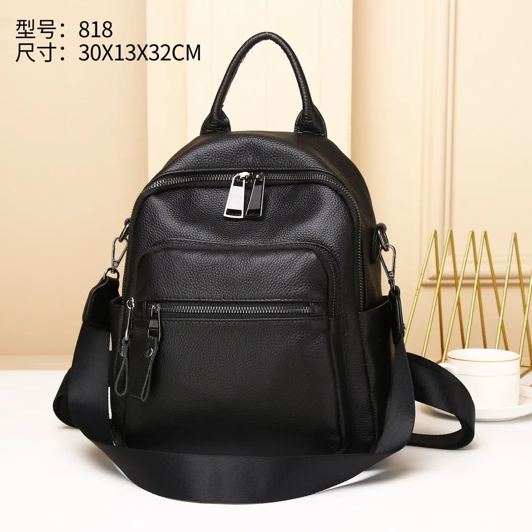 sac à dos en cuir véritable noir pour femme, sac à dos décontracté pour femme, antivol, sac de voyage initié, motif solide, sac à dos scolaire pour fille