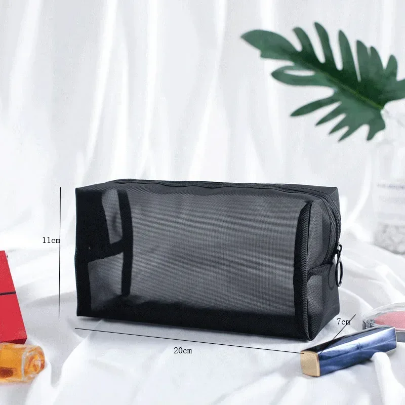trousse de maquillage noire transparente pour femme, trousse de toilette et cosmétique, ensemble de poudres en maille, petite et grande, voyage