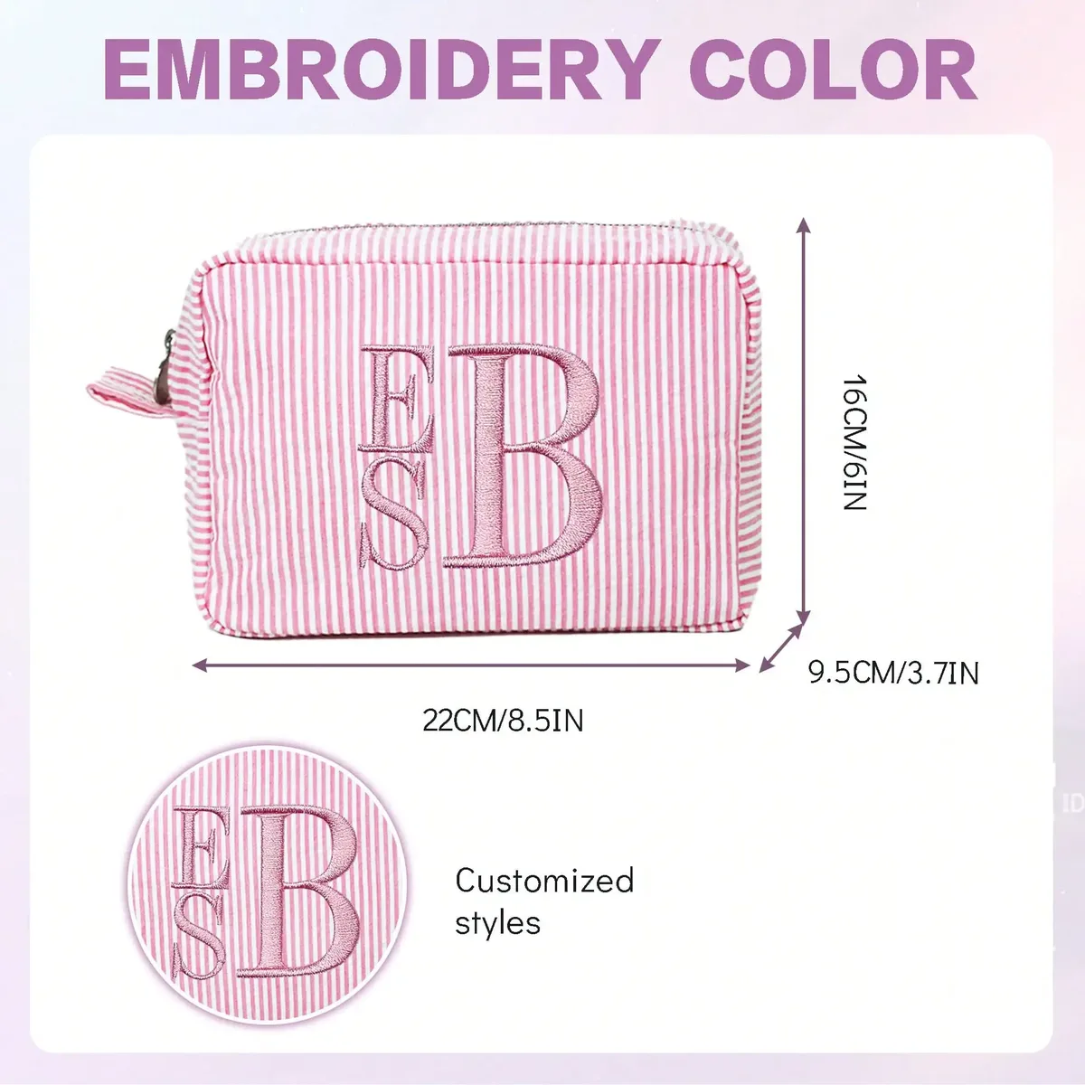 pochette cosmétique rayée personnalisée avec broderie de texte sur mesure, sac de voyage portable pour le rangement de maquillage et de soins de la peau diy