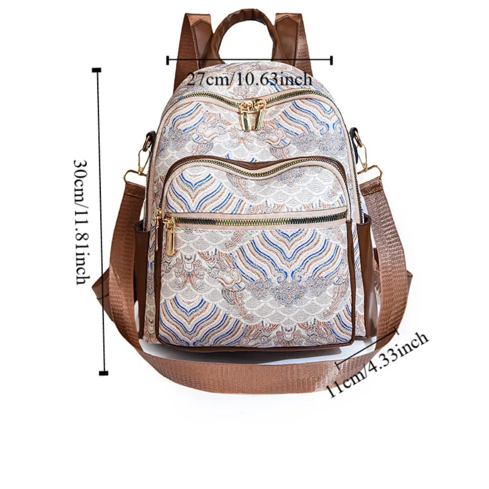 sac à dos décontracté grande capacité pour femme, sac à bandoulière en pu style ethnique avec poignée supérieure, mini sac à dos de voyage brodé et imprimé, polyvalent