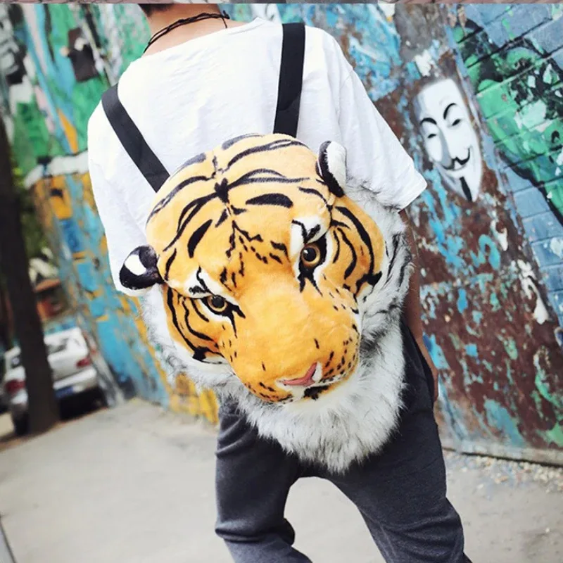 cool grand chat sac poilu tête de tigre sac à dos drôle étudiant rusksack couple extérieur en peluche sac à dos 01-bp-gxlhmr