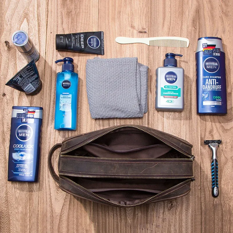 contact's – sac à cosmétiques en cuir véritable pour hommes, pochette de maquillage de luxe de grande capacité, organisateur de voyage, sacs de toilette vintage, rangement