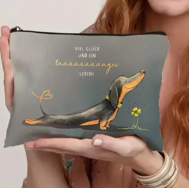 sac à cosmétiques amusant avec motif de chien teckel, pochette de maquillage avec imprimé de dessin animé mignon, organisateur de toilette de voyage