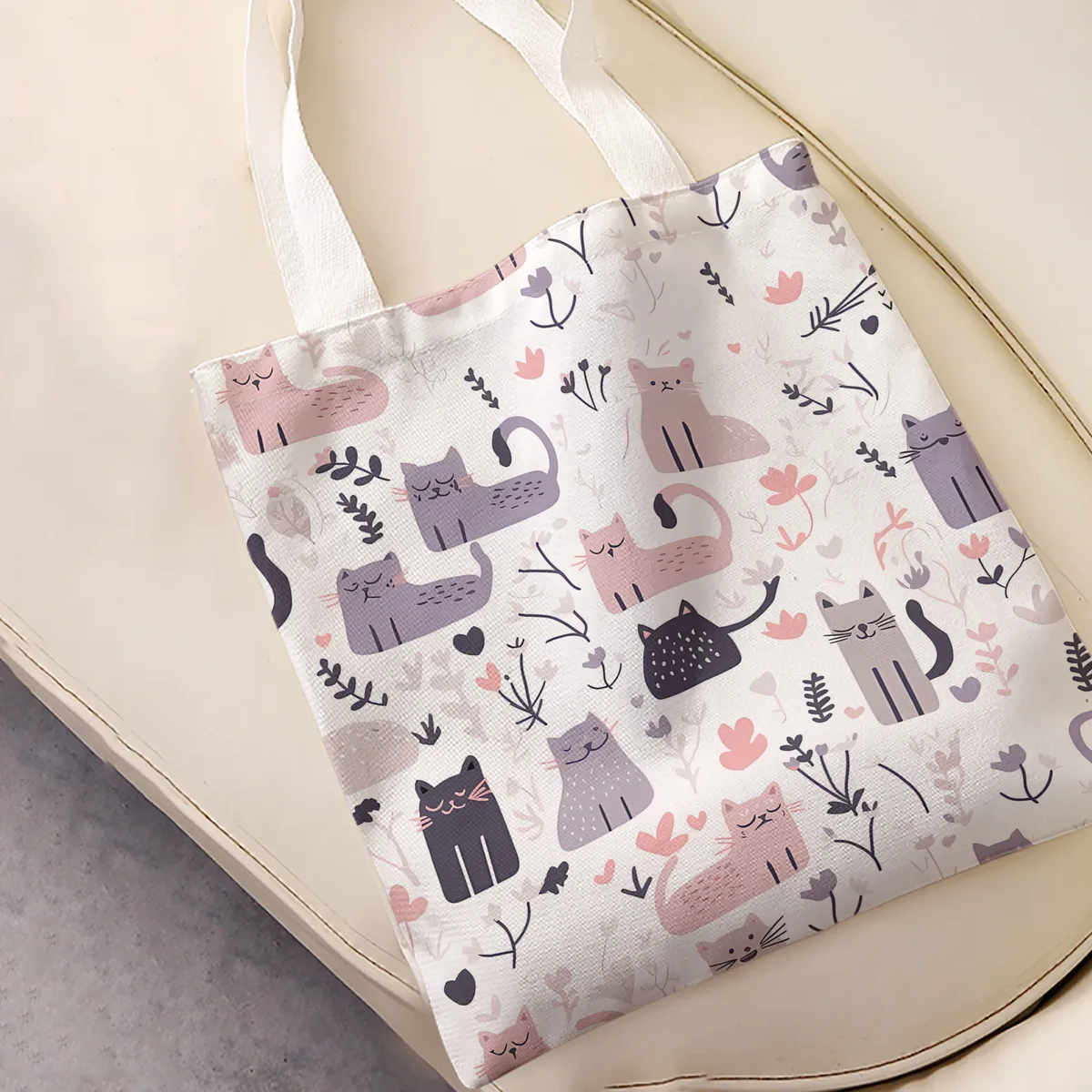 sac fourre-tout rose et violet à imprimé floral et cœur de chat, sac à bandoulière de grande capacité pour le shopping, les voyages et l'usage quotidien