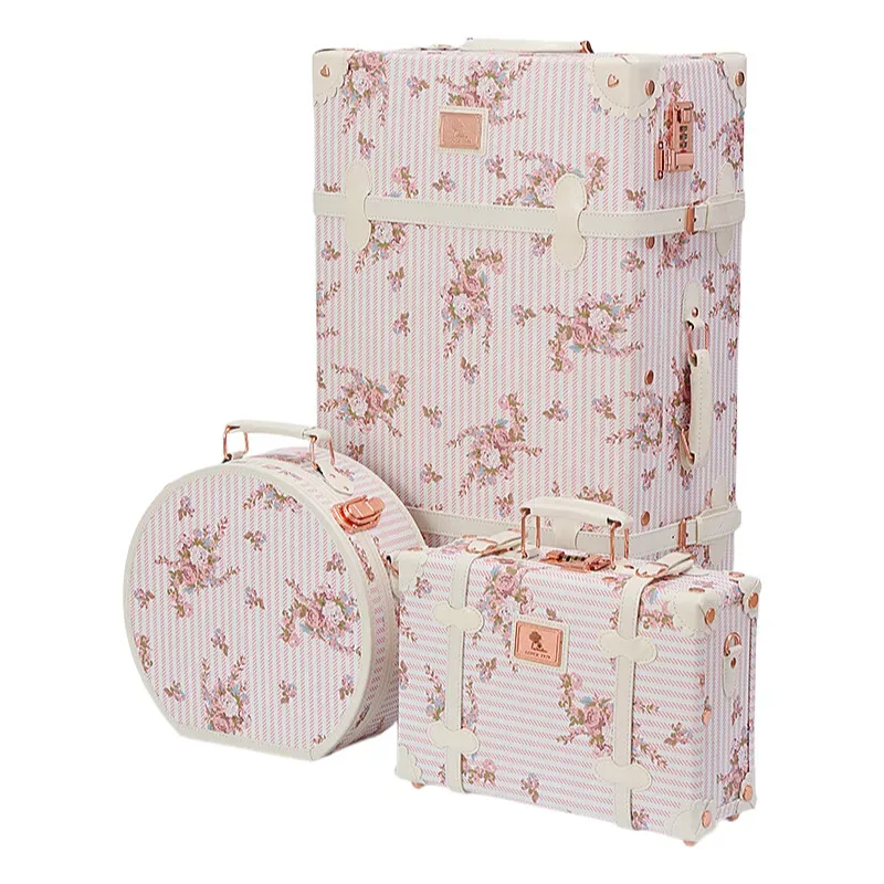 valise de cabine à imprimé floral de créateur-bagage spinner en cuir pu avec étui à cosmétiques, valise trolley rétro pour voyage pour femmes