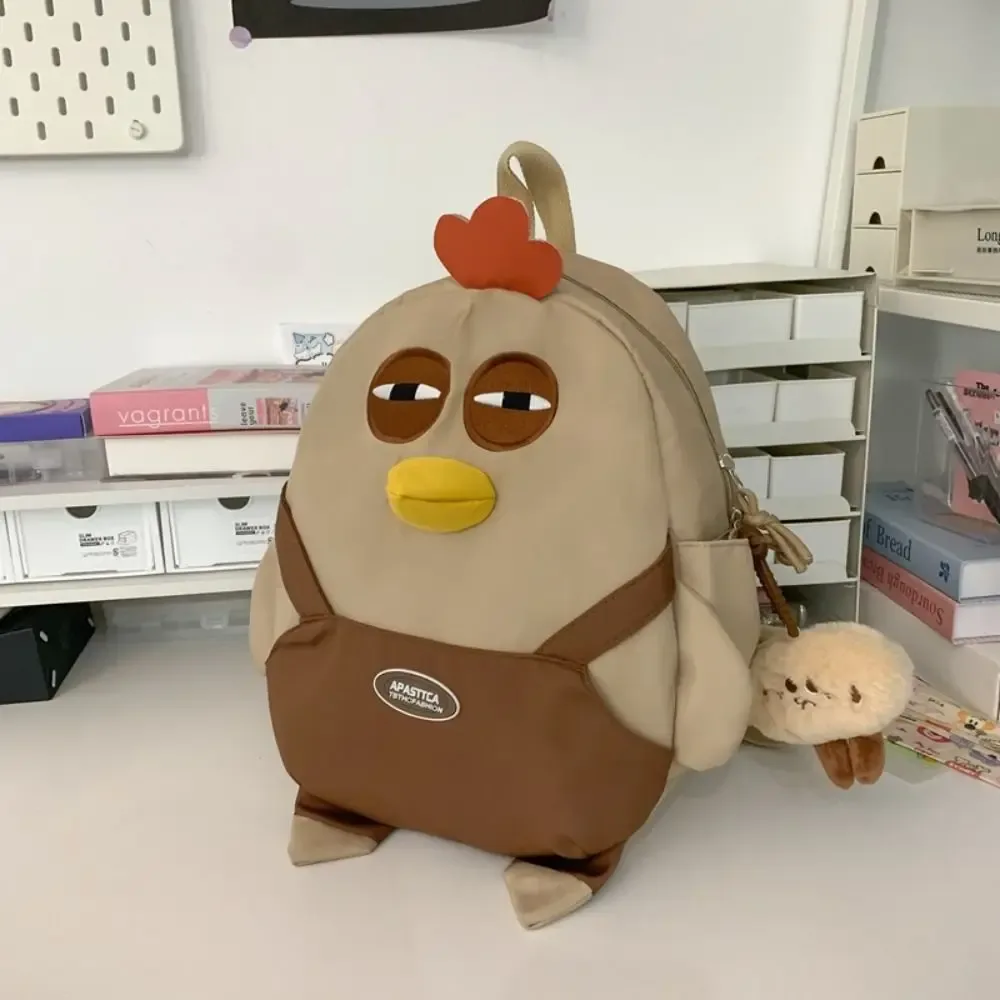 sac à dos en nylon grande capacité en forme de poulet mignon, sac d'école amusant et kawaii en forme de poule avec pendentif, sac à livres de dessin animé pour étudiants, sac de voyage