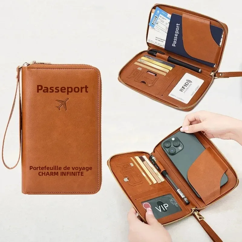 portefeuille de voyage multifonctionnel avec porte-passeport, dragonne, étui zippé pour cartes de crédit et organiseur de billets