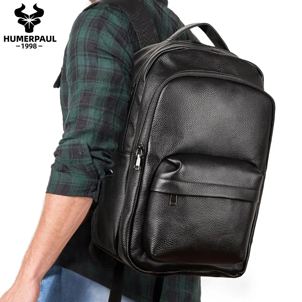 HUMERPAUL-Sac à dos en cuir couche supérieure pour hommes, cartable grande capacité pour adolescents, sac à dos pour ordinateur portable, haute qualité