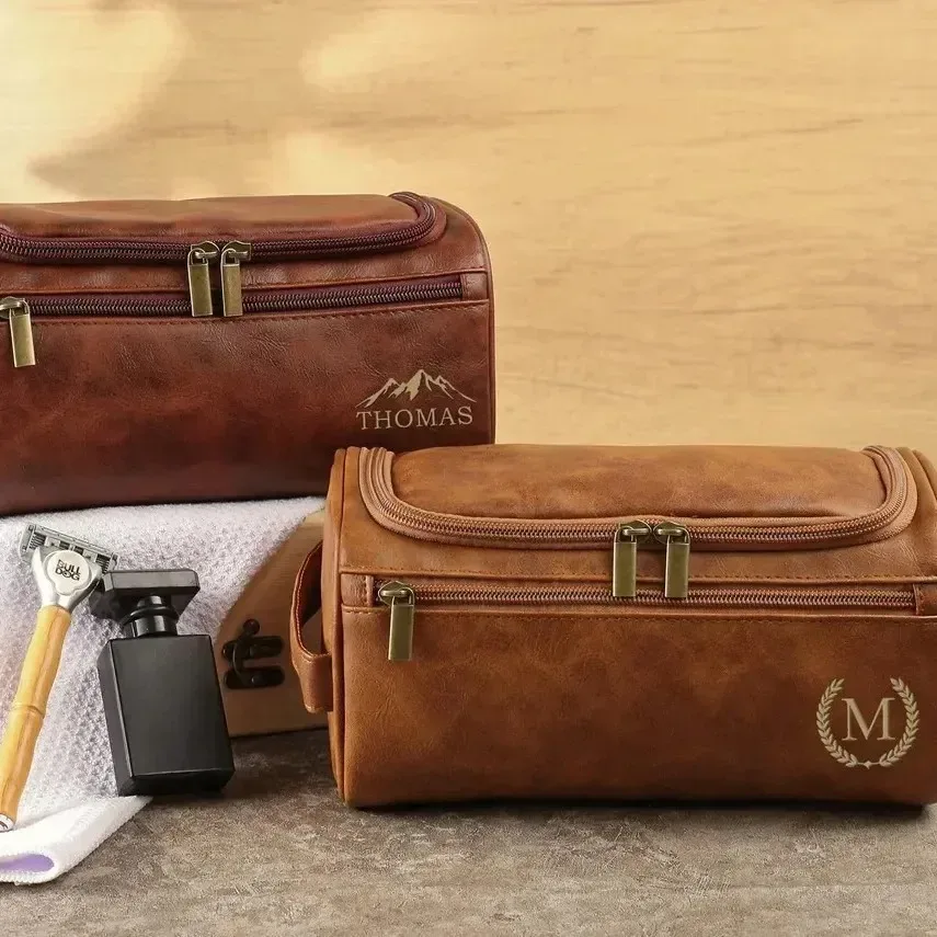 sac étanche pour hommes avec nom gravé, nom personnalisé, cuir pu durable, multi-usage, idéal pour le rasage, les voyages, les affaires, trousse de maquillage