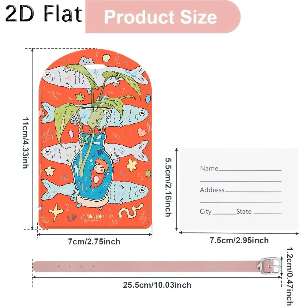 étiquette de bagage, motif de poisson et de plante de dessin animé mignon, étiquette d'identification de bagage de voyage pour accessoires de sacs à bagages