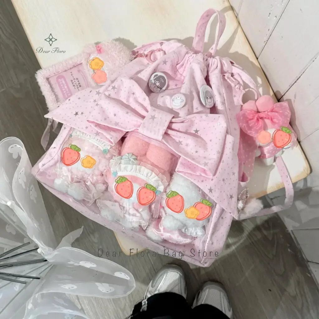 nouveau sac à dos ita y2k avec nœud de ballet et cordon de serrage, sac à dos transparent pour fille mignon, grande capacité, sac à bandoulière à pois étoilés pour présentation de poupées diy