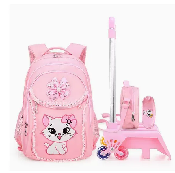 3 sacs à roulettes scolaires pour enfants, sacs à dos à roulettes pour filles, sacs à roulettes pour l'école, style chat, sacs à dos pour filles