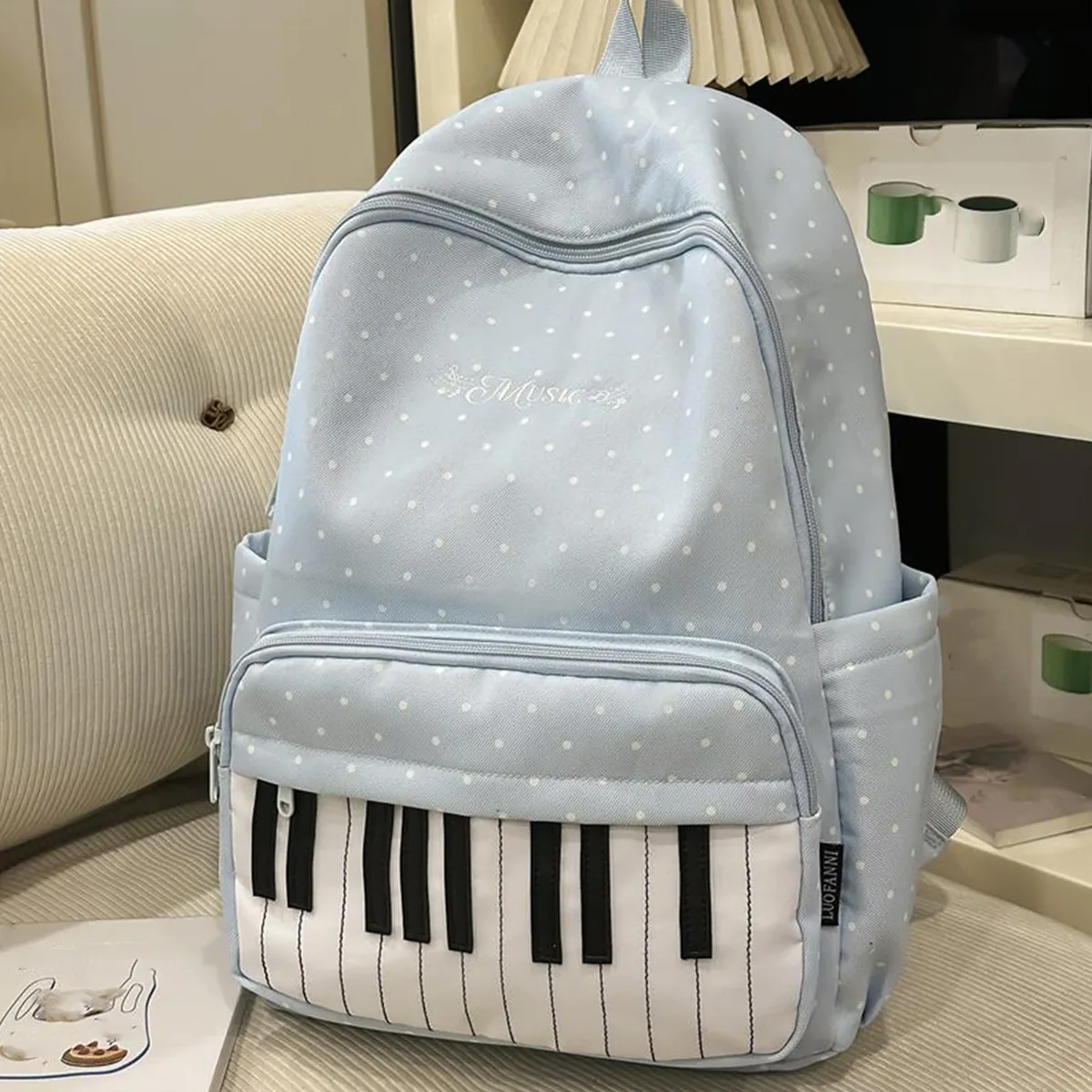 sac à dos décontracté en nylon 16,9 pouces à pois avec motif clavier de piano et pendentif pour adolescentes, idéal pour les voyages, le shopping et l'usage quotidien