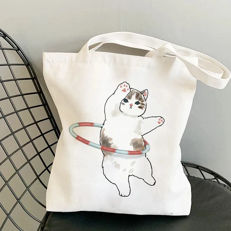 sac kawaii sac blanc sacs porté épaule sacs à provisions sacs à bandoulière en toile pour filles, sac de shopping à la mode, kawaii chats animaux mignons, sac de shopping, fourre-tout décontracté