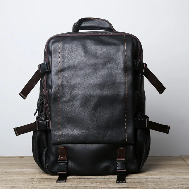 sac à dos vintage en cuir de vachette pour homme, grande capacité, avec fermeture éclair et boucle, sacoche décontractée en cuir pour ordinateur portable 15 pouces