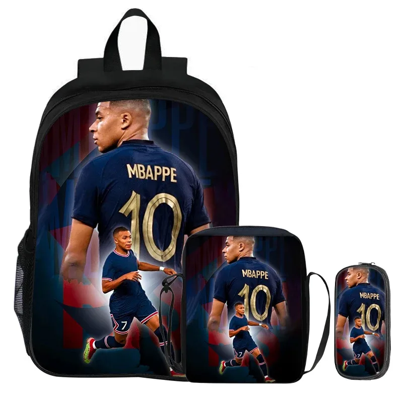 m-mbappe – ensemble de 3 pièces pour enfants, sac à dos pour étudiants, sac à bandoulière pour l'école, sacs à crayons, sac à livres, sac à dos de star du football, meilleur cadeau