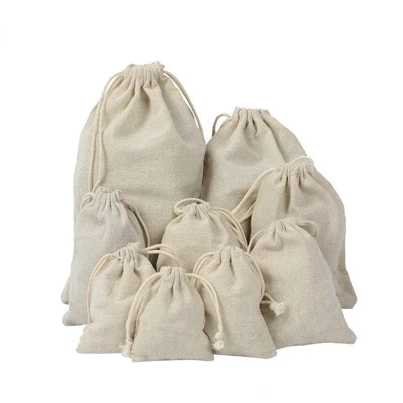 sacs de rangement de voyage en coton et lin à cordon de serrage, plusieurs tailles, pochette beige pour pièces de monnaie, cartes d'identité, cartes de crédit, cadeaux, sacs d'organisation de bijoux