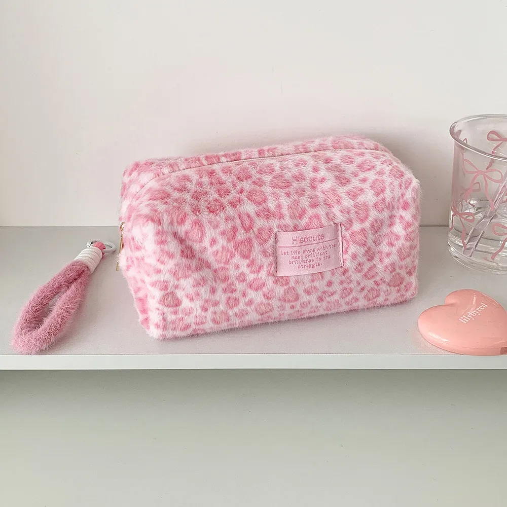 Sac de maquillage d'écolière imprimé léopard de couleur rose en peluche, grand fourre-tout cosmétique pour femmes, mignon, Portable, organisateur de transport à main de voyage