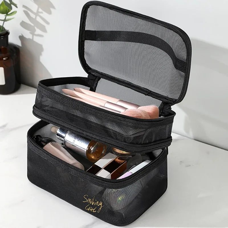 trousse de maquillage en maille noire de grande capacité, pochette de rangement, trousse de toilette décontractée à fermeture éclair, trousse de maquillage pour femmes, sac à cosmétiques de voyage