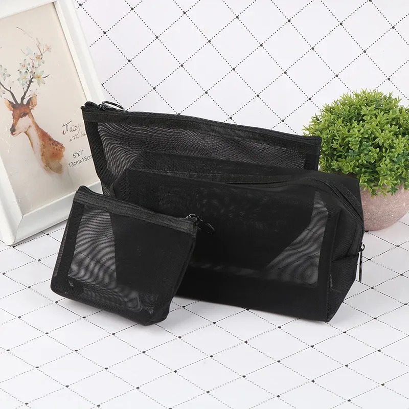 trousse de maquillage en maille transparente noire pour femme, trousse de toilette décontractée à fermeture éclair, trousse à cosmétiques de voyage, 1 pièce