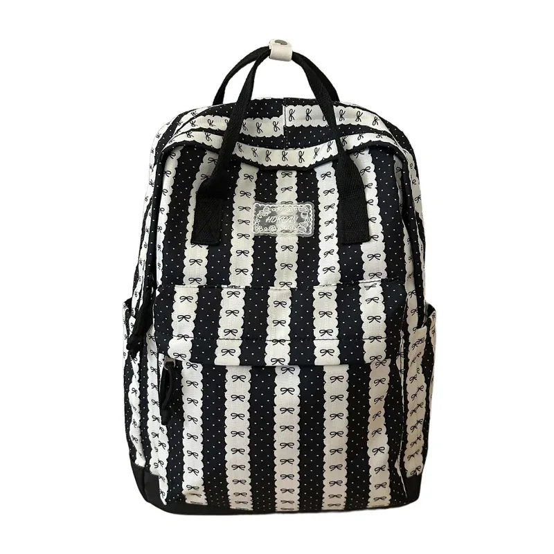 sac à dos en nylon à rayures et imprimé nœud pour femme, léger, mignon, pour étudiante, sac d'école, sac à dos de voyage quotidien pour ordinateur portable a4