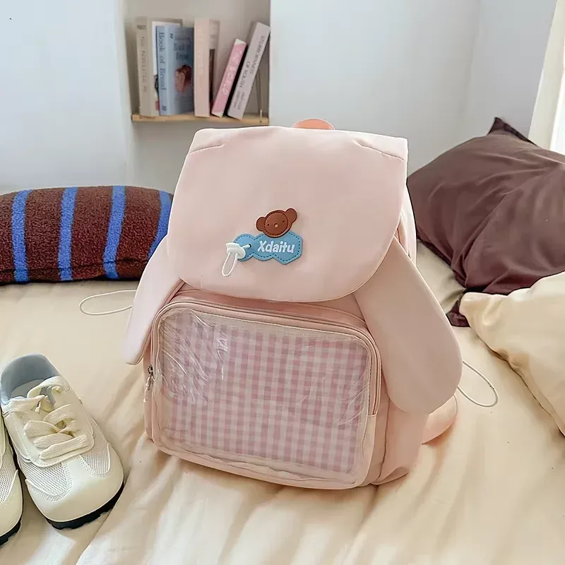 y2k bow oreille de lapin japonais ita sac à dos lolita fille sac transparent mignon haute capacité sac à dos style preppy sac à dos à volants