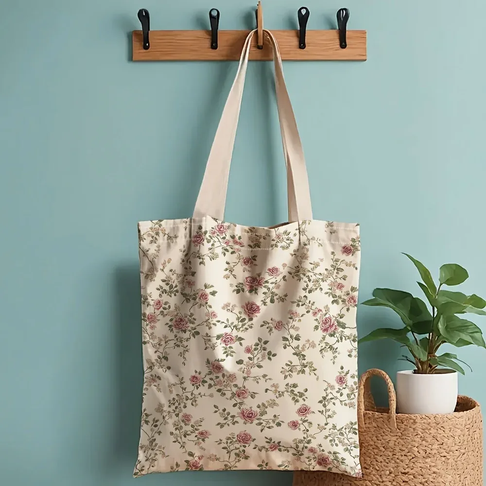 sac fourre-tout en toile à imprimé floral, adapté à un usage quotidien, aux courses, à l'école et aux voyages