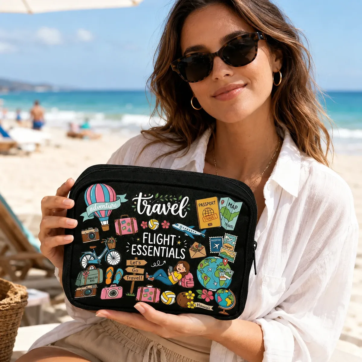 Trousse de toilette de voyage pour femme, imprimé coloré Flight Essentials, organiseur de maquillage portable à fermeture éclair pour la plage, les vacances et les bagages