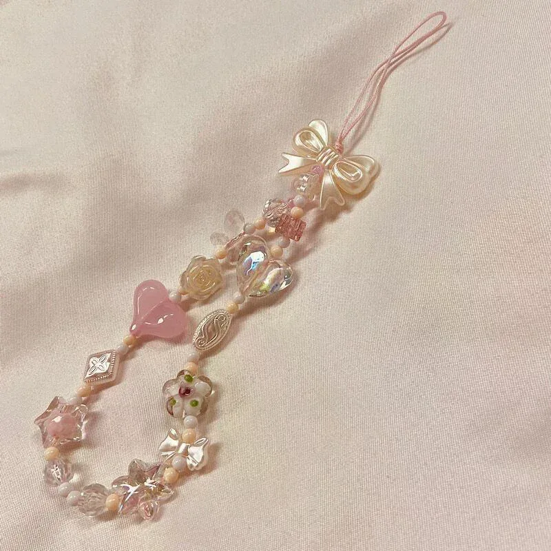 chaîne de téléphone, cordon de sac, porte-clés, breloque de sac à dos, cadeau, version coréenne du charmant motif fleur de cerisier rose avec nœud d'amour et perles