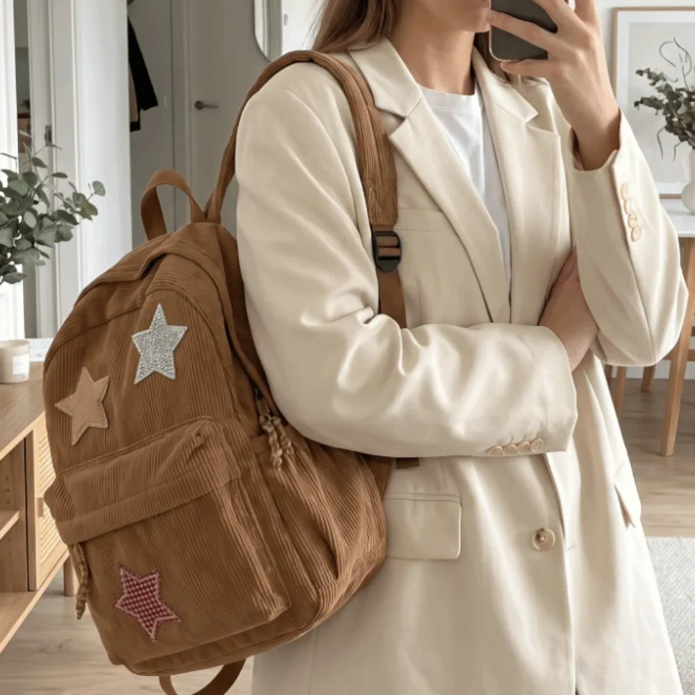 Sac à dos en velours côtelé motif étoile, léger, en tissu doux, sac à dos scolaire coloré, grande capacité, sac de voyage pour l'extérieur