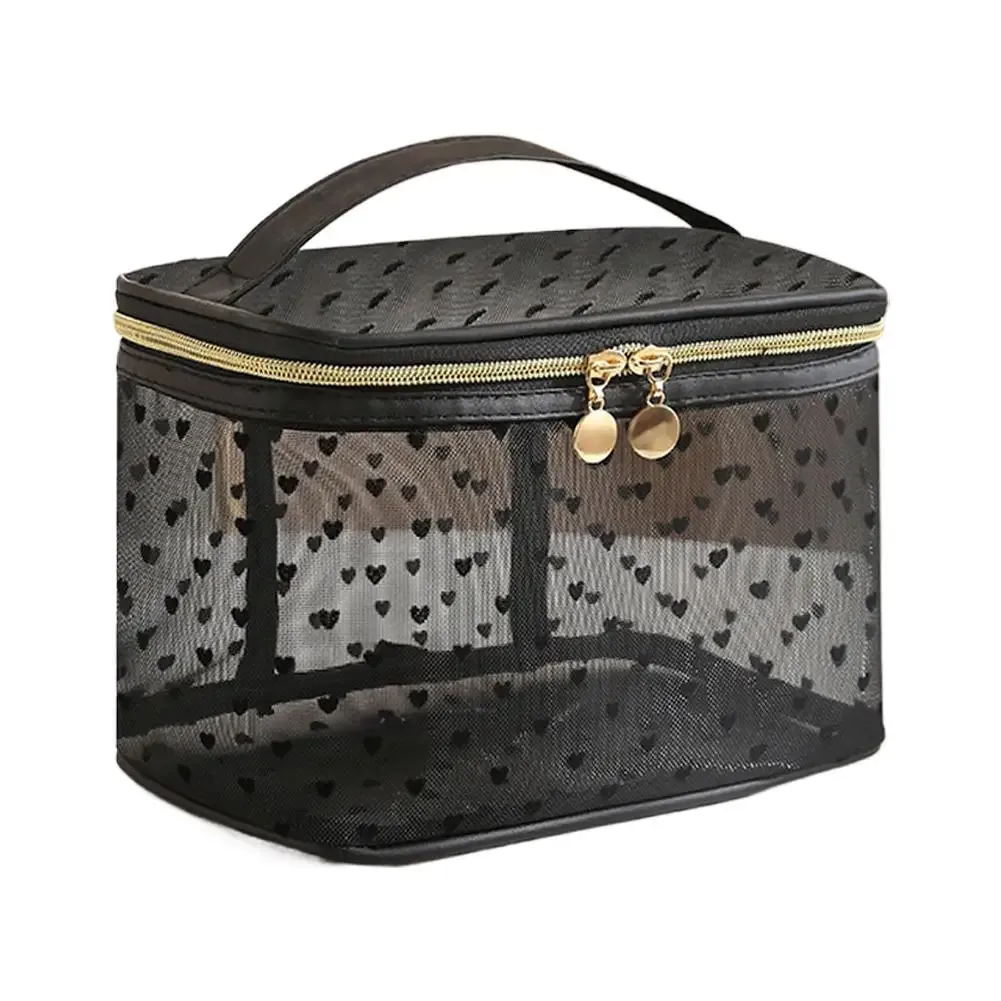 sac à cosmétiques en maille noire à double couche, trousse de maquillage portable de grande capacité, pochette de rangement, sacs de toilette à fermeture éclair