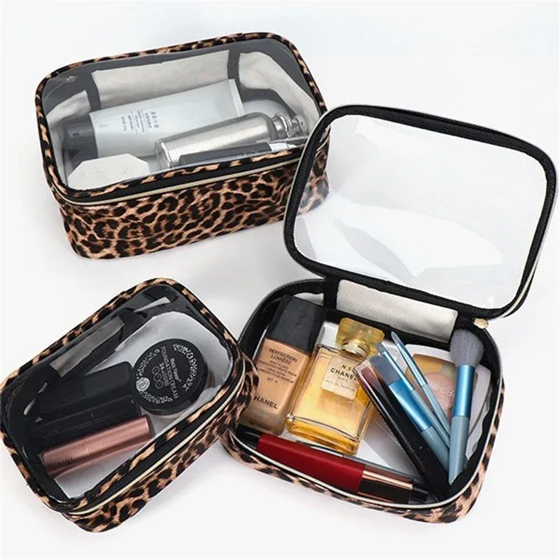 sac de maquillage transparent imprimé léopard, étanche, grande capacité, portable, rangement d'articles de toilette de voyage, organisateur de cosmétiques avec fermeture éclair