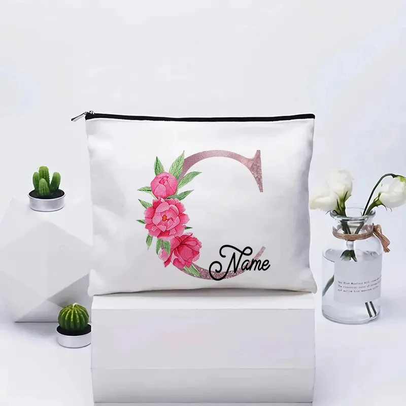 trousse de maquillage personnalisable avec prénom, cadeau de mariage, grande pochette en toile à fermeture éclair, motif floral pivoine, essentiels de voyage, maquillage