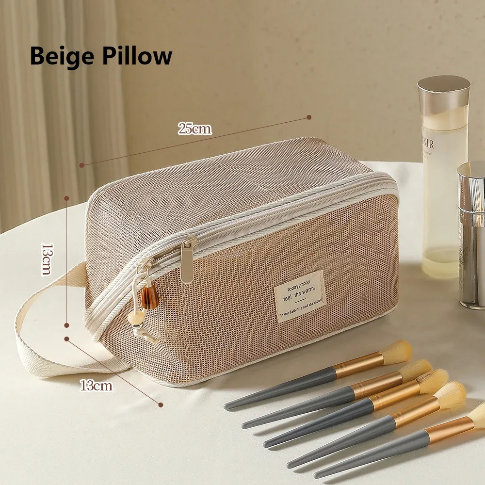 sac de rangement de maquillage fourre-tout transparent en maille, sac de toilette d'oreiller, sac de toilette cosmétique, pochette de rangement portable de grande capacité pour femmes, pochette