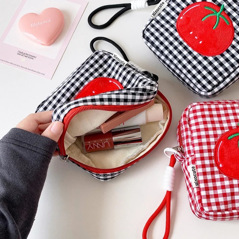 sac de rangement portable pour serviettes hygiéniques à motif quadrillé tomate pour femme, trousse de maquillage avec fermeture éclair, porte-tampons pour sac à main