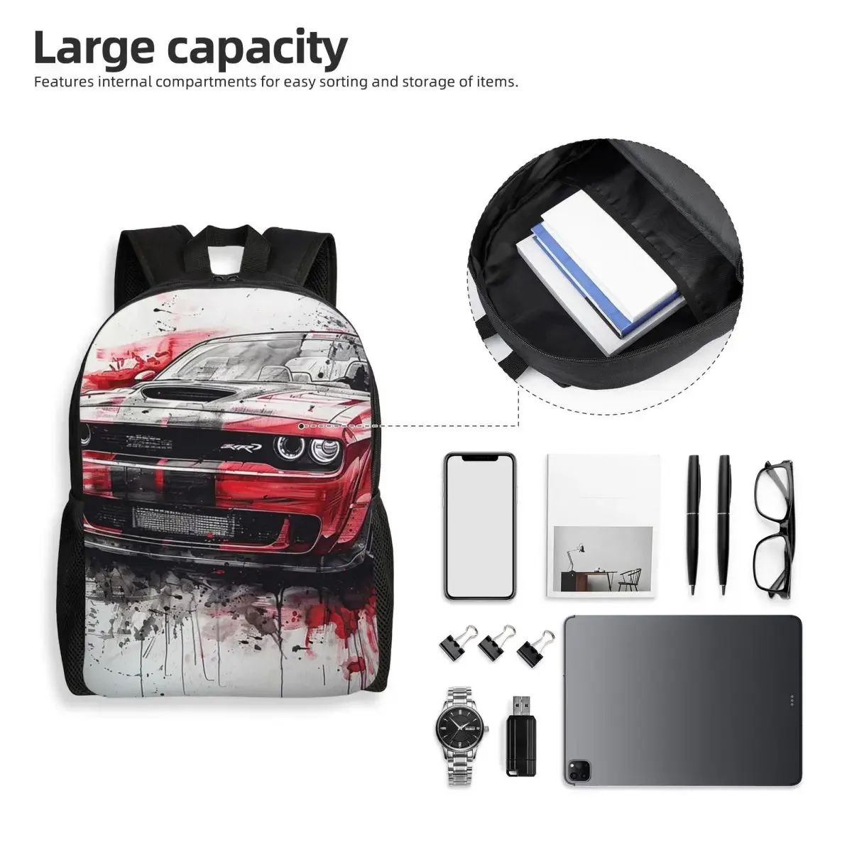 sac à dos d'étudiant srt hellcat demon dodge challenger, sac d'école, sac à dos de randonnée, sac de voyage, sac à bandoulière pour hommes et femmes